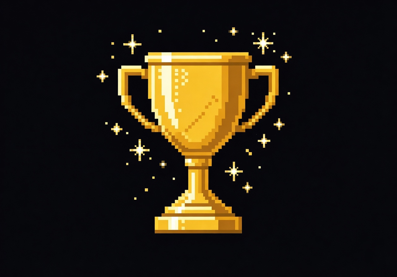 Retro 8-bit golden champion trophy sprite with sparkles
